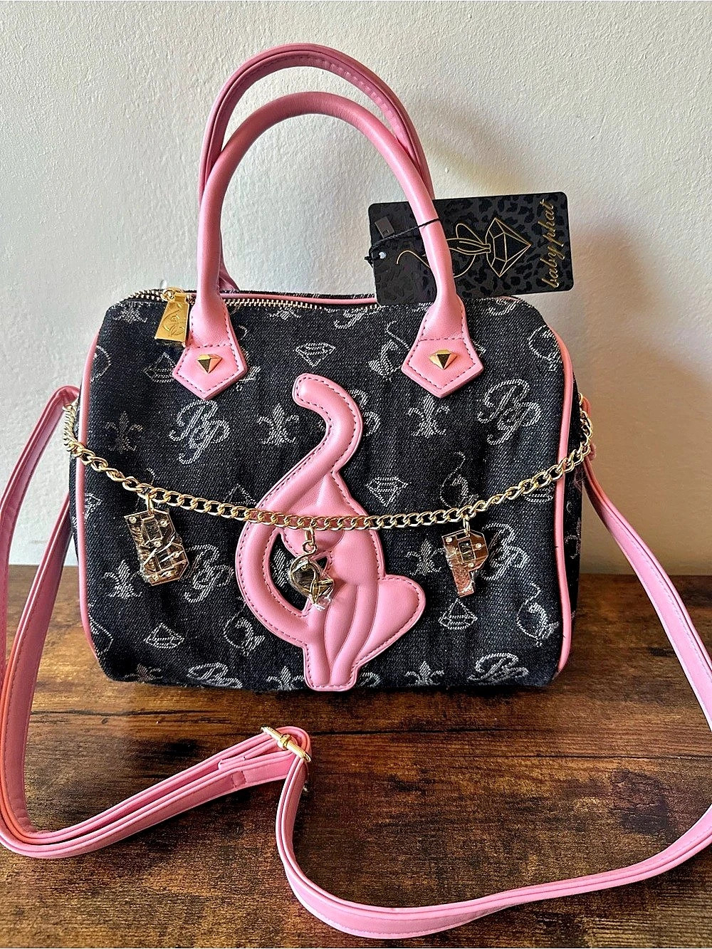 Baby Phat Dark Denim Satchel in Navy with Pink Logo & Straps with Gold Chain NWT